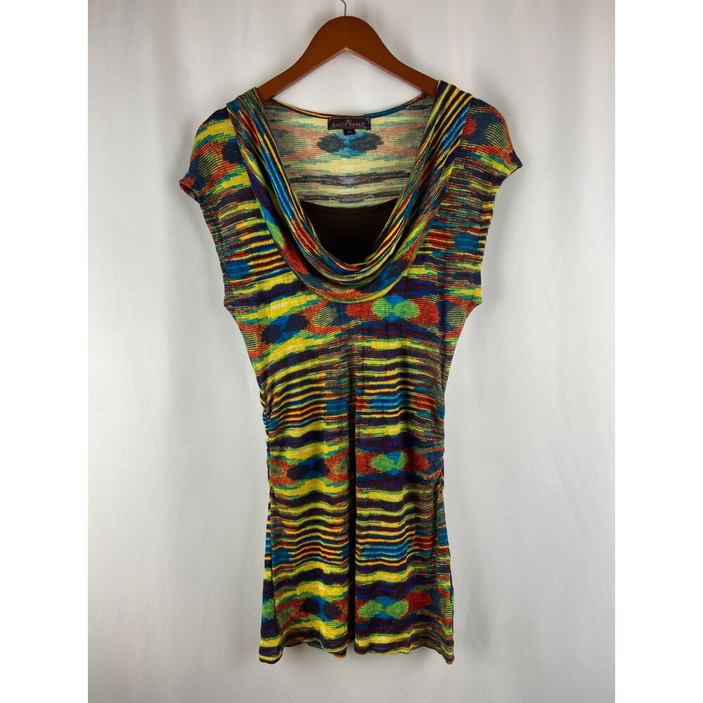 Almost Famous Mini Dress Sz M Scoop Neck Y2K Colorful Rainbow Boho Stretch Party